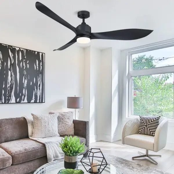 Light living room with a black ceiling fan and accents